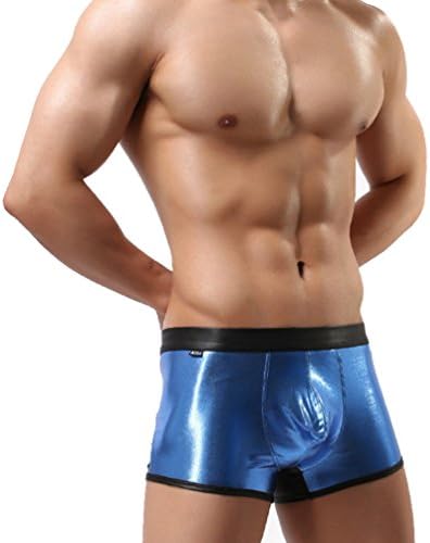 PerPor Men Imitation Leather Bronzing Boxer Brief Underwear Pant Shorts Blue+Black L