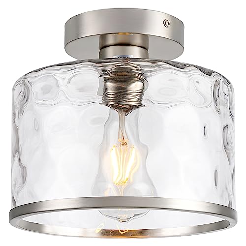 Zlepmlla Modern Semi Flush Mount Ceiling Light with Industrial Clear Hammered Glass Lampshade, Farmhouse Ceiling Lights fixtures in Satin Nickel for Hallway Kitchen Bathroom Bedroom
