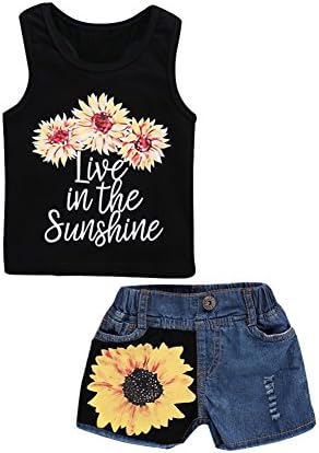 Seaby Baby Girl Sleeveless Black Floral T-Shirt + Sunflower Printing Denim Shorts 2PCS Outfit Clothes Set (90(6-12Months), Black)