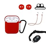 Riqiorod AirPods Case Protective Silicon Cover Skin Carrying Case, with Keychain, Ear Hook/Tips, Strap, AirPods Watch Band Holder, Phone Shutter and Anti Lost Strap (Red)