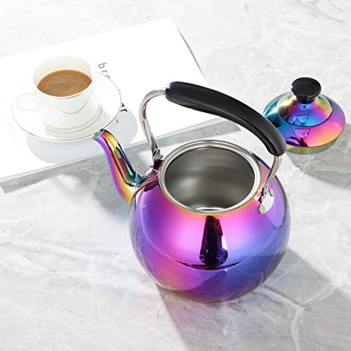 OMGard Whistling Tea Kettle Stainless Steel Rainbow Teapot 2 Liter Teakettle for Stovetop Induction Stove Top Boiling Water Colorful Tea Pot Modern Mirror Finish 2.1 Quart, 68 ounce