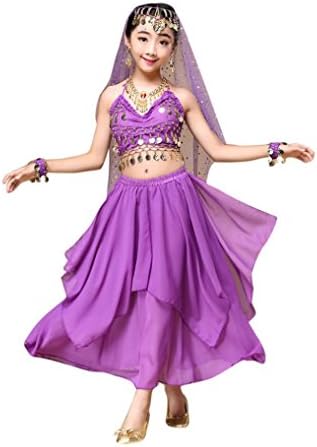 MALLOOM Kid Girls Belly Dance Halter Crop Top + Dress Set Egypt Dance Costumes