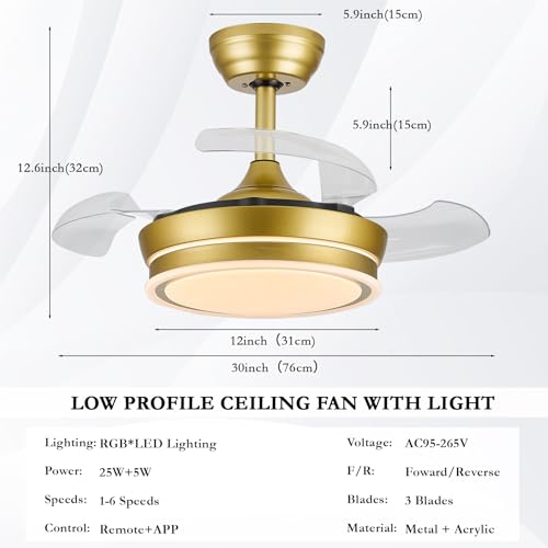 LumZeylith Ventilador de techo retráctil de 30 pulgadas con luz, RGB Modern Fandelier 6 velocidades, cuchillas reversibles, regulables, control remoto de aplicación, temporizador de memoria, dorado