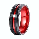 POYA 8mm Black Matte Finish Tungsten Carbide Ring Beveled Edge Red Interior Wedding Band