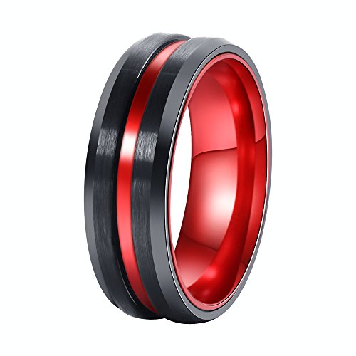 POYA 8mm Black Matte Finish Tungsten Carbide Ring Beveled Edge Red Interior Wedding Band