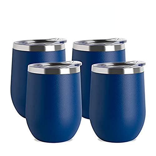 JEAREY Stemless Glass Tumbler 12 oz Stainless Steel Double Wall Vacuum Insulated Wine Cup with Lid Travel Friendly (Lovely Navy, 4)