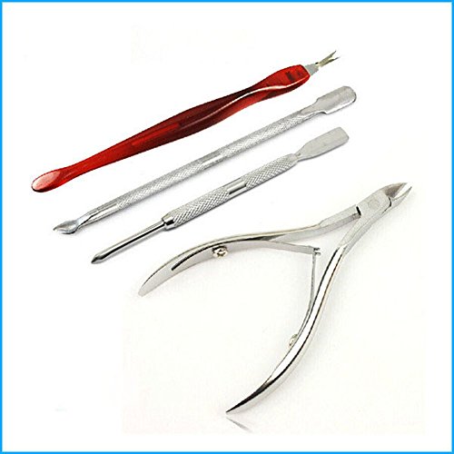 FlyItem Professional 4 Pcs/Set Nail Care Stainless Steel Spoon Cuticle Pusher Nipper Manicure Pedicure Cutter Remover Nail Art Tools