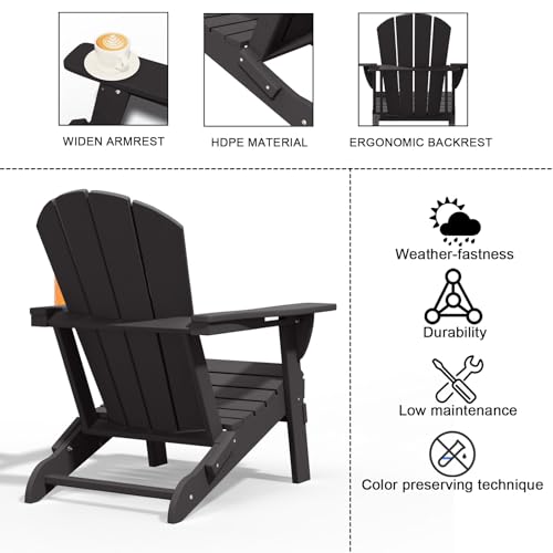 Patio Kingdom Folding Adirondack Chairs with Cup Holders, Set of 4 HDPE Plastic Outdoor Chairs, Weather Resistant, Real Wood Look, Heavy-Duty Patio Furniture for Deck, Fire Pit, Backyard, Black