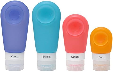4 Pack Portable Silicone Travel Bottles Strong Suction Cup Leak Proof, with Facial Brush and Toothbrush Case Covers, FDA Certificated Pack P37