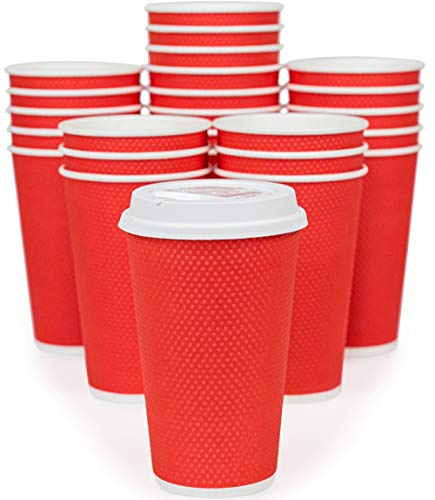 Glowcoast Disposable Coffee Cups With Lids - 16 oz To Go Coffee Cup With Lid (70 Set). Large Togo Travel Paper Hot Cups Insulated For Hot and Cold Beverage Drinks, No Sleeves Needed (Poppy)