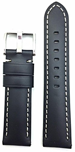 22mm, Black Smooth Leather, Panerai Style, White Stitches Watch Band