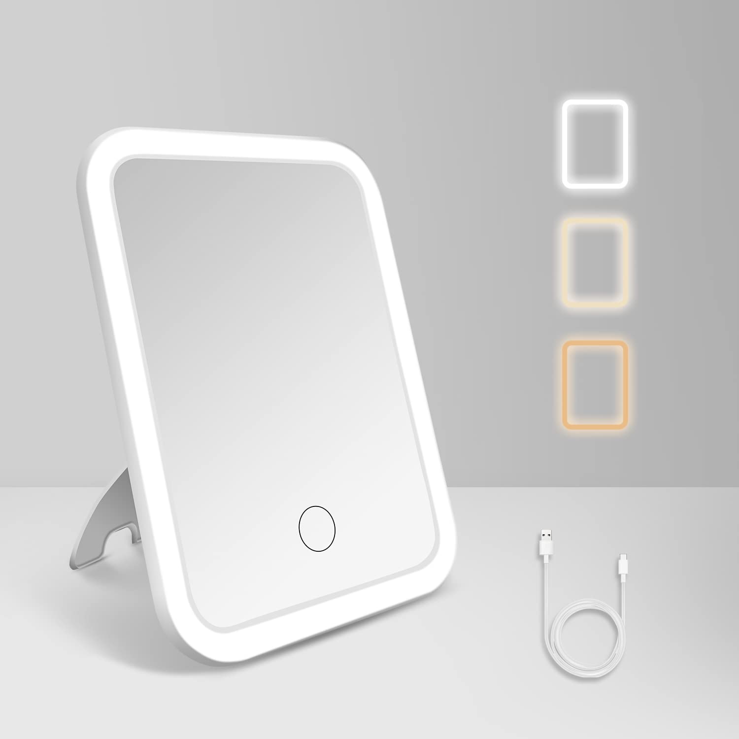 tekstap Touch Dimming Makeup Mirror, 3 Color Light Up Mirror, Portable Vanity Mirror for Travel/Dressing Table/Bedroom, Girls Gift (Square), White, (M007)