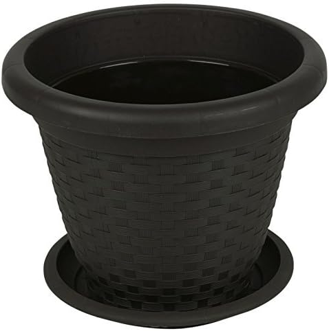 DUPLAST 20cm Rattan Plant Flower Pot Coloured Stackable Pots & Saucer Herb Planter Garden (Wenge/Brown - 5 Pots & Saucers)