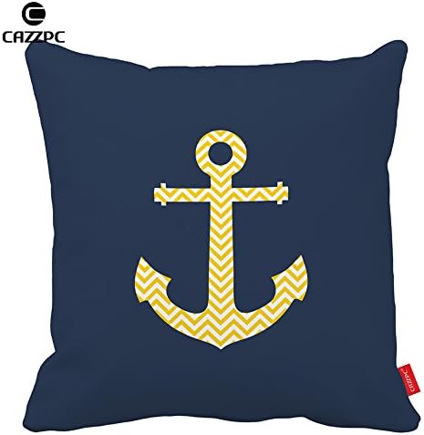 Cazzpc Cushion Cover Nautical Anchor Navy Yellow Chevron Pattern Print Home Decor Size 45x45cm