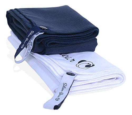 Gym Sports Towels - 2 Pcs Compact Absorbent Fast Drying Travel Yoga Fitness Towel Set - Size 32" x 16" (White & Navy Blue)