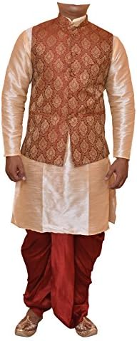Modern Garments Men Golden Kurta Maroon Dhoti & Jacket Waistcoat