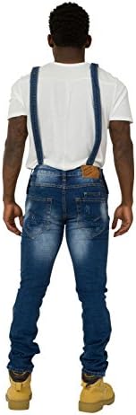 Mens Denim Bib Overalls - Slim Fit Stonewash Distressed dungarees Narrow Leg