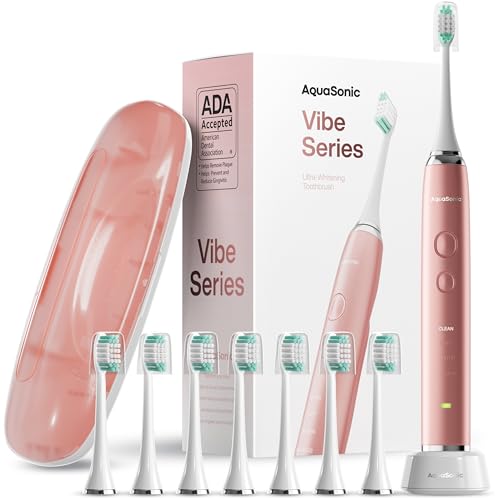 Aquasonic Vibe Series Ultra-Whitening Electric Toothbrush | ADA Accepted Toothbrush, 8 Brush Heads & Travel Case, 40,000 VPM Motor & Wireless Charging, 4 Modes w Smart Timer - Rose Gold