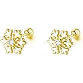 18g CZ Snowflake Flower Small Stud Earrings for Women Cartilage Tragus Helix S925 Sterling Silver Barbell Screw Back Hypoallergenic Piercing Fashion Cute Tiny Delicate Jewelry Gifts Bff Daughter Xmas 8mm