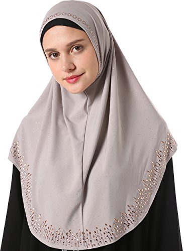 YI HENG MEI Women's Modest Muslim Rhinestones Instant Hijab Jersey Headscarf Ready to Wear Hijab,Light Gray