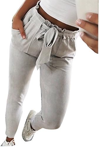 Cysincos Women's Self Belt Elastic Waist Striped Pants with Pockets