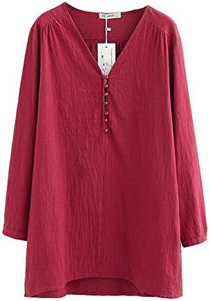 HOOBEE LINEN Women's V-Neck Button Pullover Cotton Linen Blouse Top with Pockets