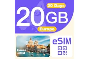 GENERIC Europe eSIM Card 20GB 20Days - 4G LTE High-Speed Network, Prepaid eSIM for 31 Countries, Hotspot Support, High Coverage Multi-Carrier for Unlocked iPhone and Android,No Contract No SIM Card