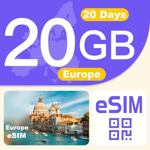 Europe eSIM Card 4G LTE High-Speed Network, Prepaid eSIM for 30+ Countries, Hotspot Support, High Coverage Multi-Carrier for Unlocked iPhone and Android,No Contract No SIM Card (20-Day 20GB)