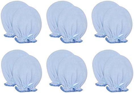Liwely 6 Pairs Unisex-Baby No Scratch Mittens, 100% Cotton, Solid Blue with Bow