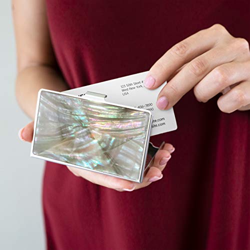 Business-Card-Holder-Id-Case-Metal-Travel-Mini-Wallet-Mother-of-Pearl-Beige-Silver-Fractal