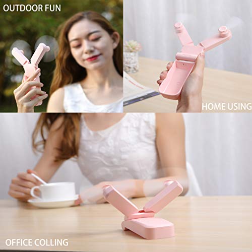 Dual Head Mini Handheld Fan, Personal Portable Fan USB, Small Pocket Foldable Desk Fan for Home Office Traveling Or Hiking, Lithium Battery Operated Rechargeable Patented Degisn, Pure Pink.