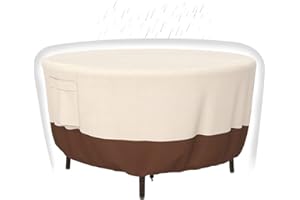 TUYEHO Patio Furniture Covers, Heavy Duty Round Patio Table Cover (48D x 26H Inch) Outdoor Dining & Coffee Table Cover for Veranda, Lawn, Table, Chair-Waterproof & Weather Resistant, Anti UV - Beige & Brown