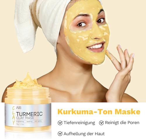 Kurkuma Gesichtsmaske - Grüner Tee Ton Maske - Totes Meer Mineralien Schlamm Masken, Spa Gesichtsmasken Set für Tiefenreinigung, Entgiftung, Akne und Mitesser, 210 g