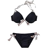 MissTalk Women's Push up Padded Halter Bikini Sets Bikini Top Bottom(Black and Leopard Strap S)