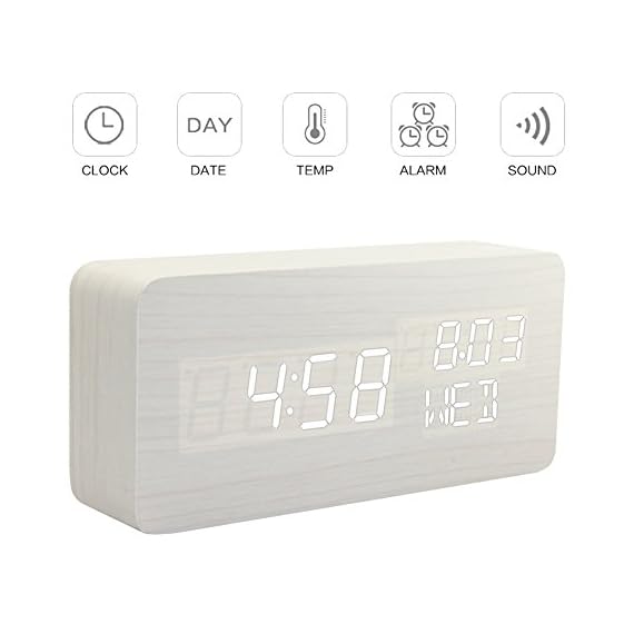 KABB Wooden Alarm Clock, Acoustic Control Digital Clock White Wood