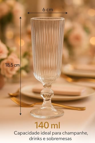 Taça de Champanhe Canelada 140 ml – Conjunto com 6 Peças | Design Cilíndrico Clássico e Sofisticado | Premium Collection