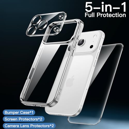 JETech 5 in 1 Case for iPhone 17 Pro 6.3 Inch with 2 Tempered Glass Screen Protectors and 2 Camera Lens Protectors, Anti-Yellow Anti-Shock Case (Transparent)