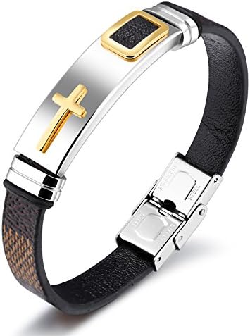 Ellalin Religious Stainless Steel Cross Bracelet Bangle For Men Black/ Brown Leather Wrap Bracelet