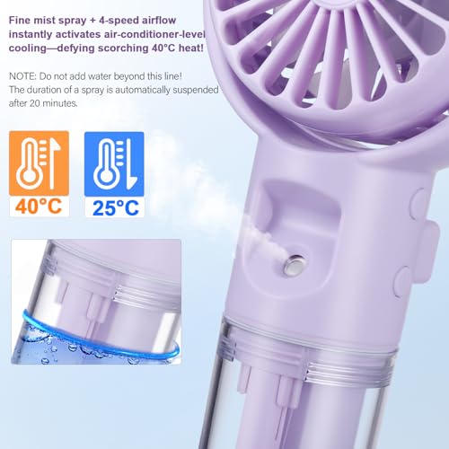 Handheld Fan Portable Fan with Rechargeable Water Battery Small USB Fan 4 Speeds Mini Handheld Fan for Holiday Outdoor Travel Accessories for Women (Purple)