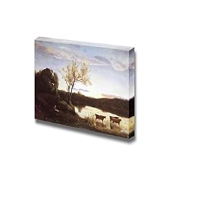 A Pond with Three Cows and A Crescent Moon by Jean-Baptiste-Camille Corot - Canvas Print Wall Art Famous Painting Reproduction - 12" x 18"