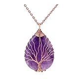 Top Plaza Wire Wrapped Tree of Life Natural Gemstone Teardrop Pendant Necklace Healing Crystal Chakra Jewelry for Women - Amethyst