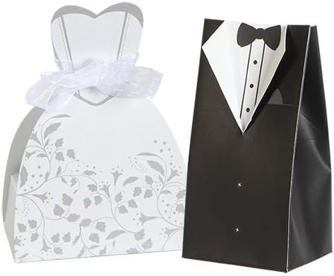 20pc Set of Bride and Groom Wedding Party Favor Boxes - Dress Tuxedo Bridal Candy Gift Guests Rehearsal Dinner Shower Bachelorette Bachelor His & Hers Anniversary