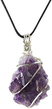 Drusy Cluster Amethyst Pendant, Wire Wrapped, 1 5/8", Natural, Necklace, Satin Cord, 22"
