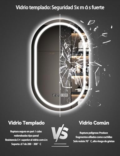 SAGIWO Espejo de Baño LED 50 * 70 cm, Espejo Inteligente Antivaho Ovalado, con Luz Ajustable en 3 Colores, Función de Hora, Instalación Vertical/Horizontal