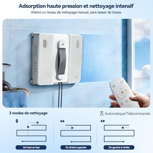 Robot Laveur de Vitre, Fonction Vaporisation, Aspiration Turbo 5000Pa, 8 Buses de Brume D'eau, Silencieux, 3 Modes, Navigation Intelligente, Détection Bords, 4 Lingettes