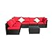 Outdoor Patio Furniture 7-pieces PE Rattan Wicker Sectional Red Cushioned Sofa Sets with 2 Pillows