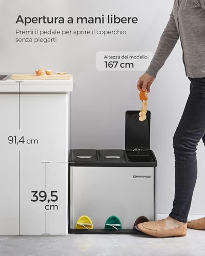 Cestino per Rifiuti da Cucina, 3 x 8 L Pattumiera Differenziata Piccolo Volume, Cestino Triplo in Acciaio, Pedali e Secchi Interni, Facile da Pulire, Argento e Nero LTB24L