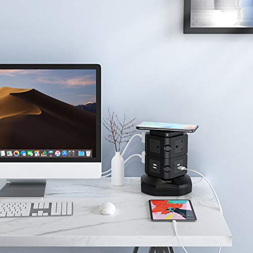 bedee Tower Extension Lead with Surge Protection, Multi Plug Power Extension Tower with 4 USB Slots, 6 Sockets & Wireless Charger, Vertical Power Strip with 2 Metre Cord & Individual Switches, Black