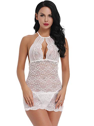 Amorbella Women Halter Lingerie Lace Teddy Bodysuit Mini Babydoll Nighties Lingerie (White,XXL)