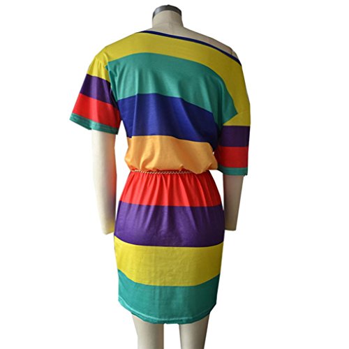 Dress-Han Shi Women Summer Striped Print Short Sleeve Crew Neck Sundress (Multicolor, XL)